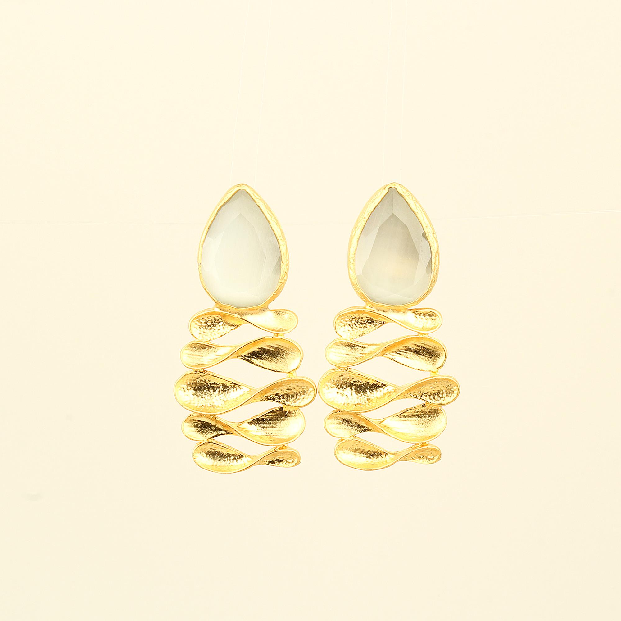 White Cat Eye Stone Lotus Leaf Earrings