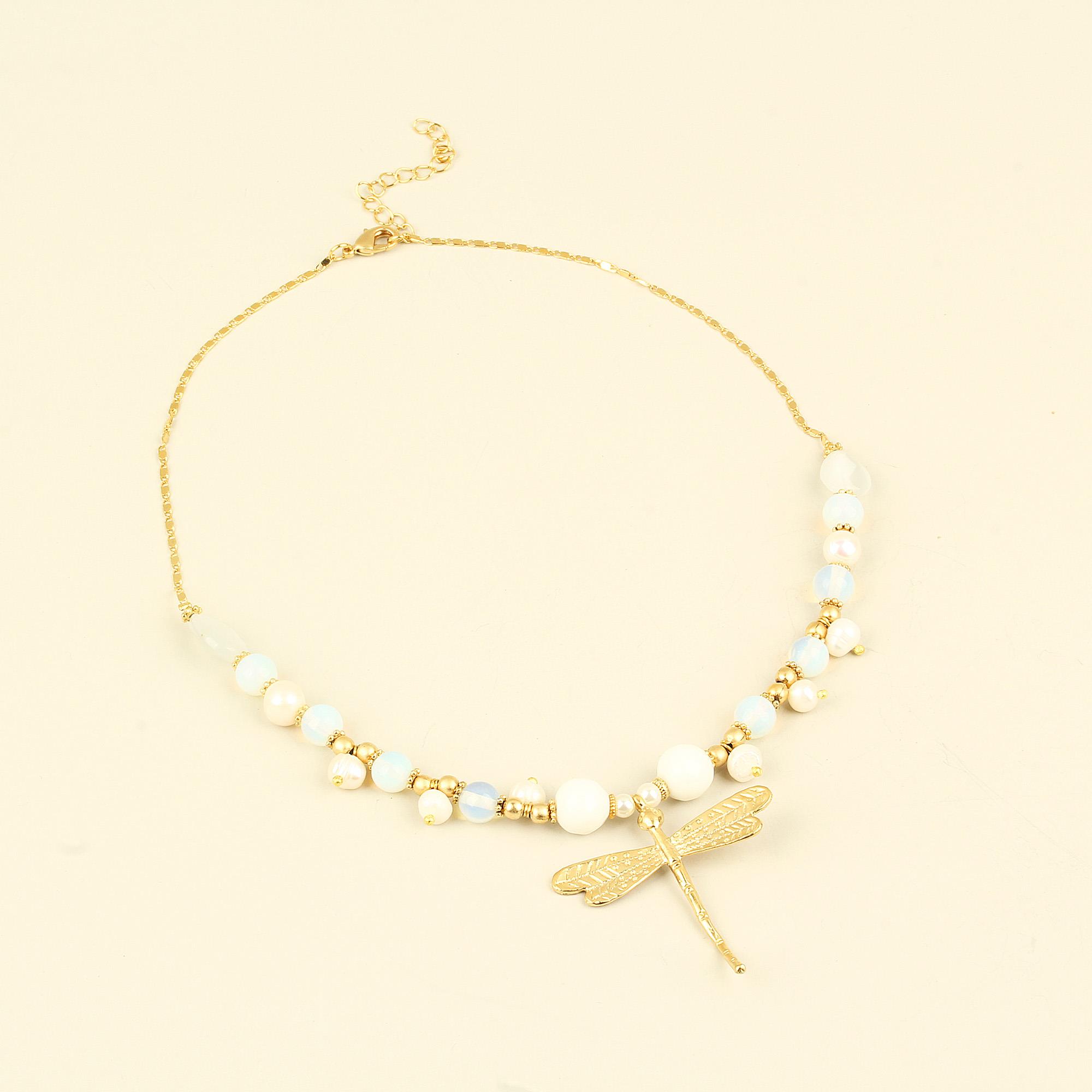 White Natural Stones Pearl Detailed Dragonfly Chain Necklace