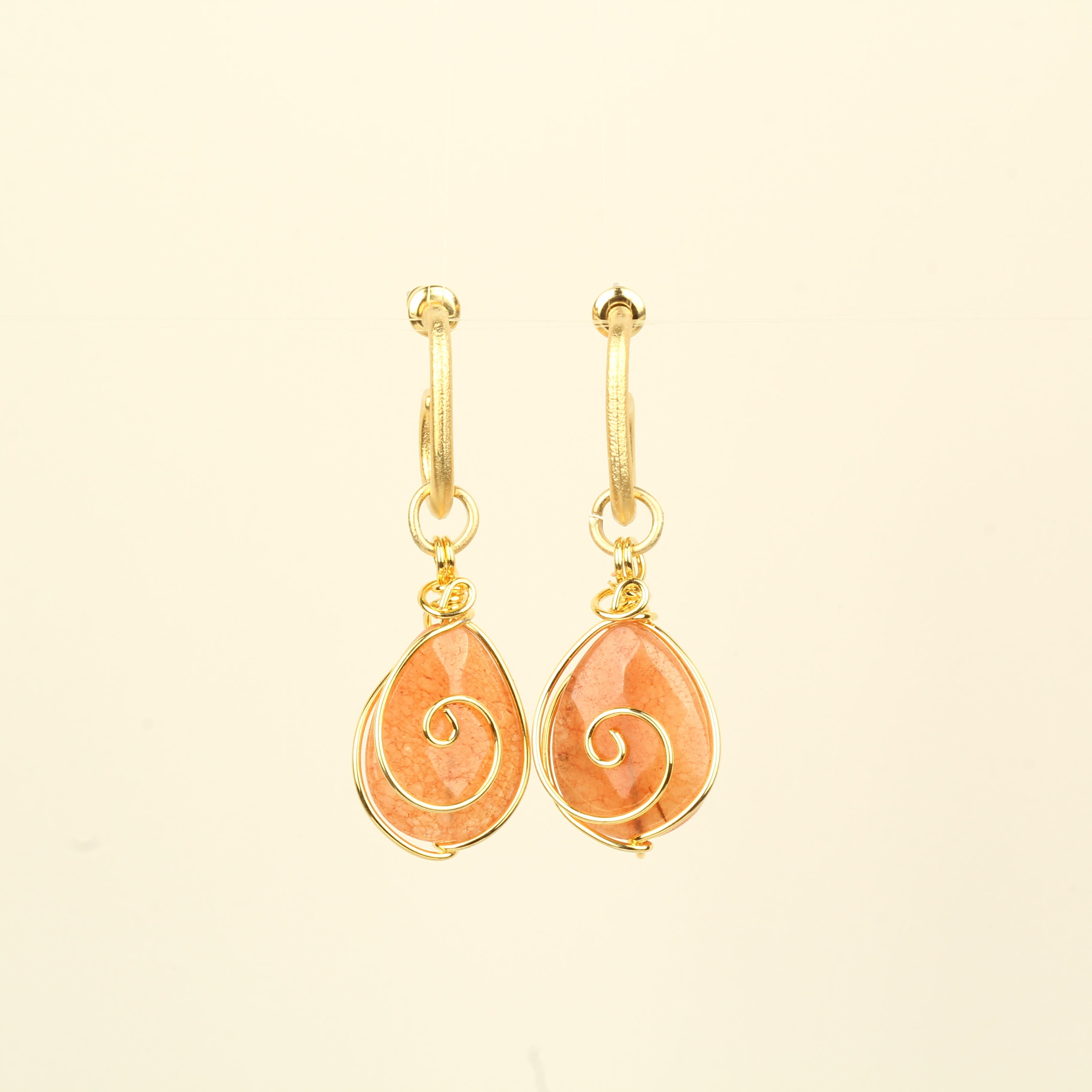 Wire Wrapped Orange Natural Stone Earrings