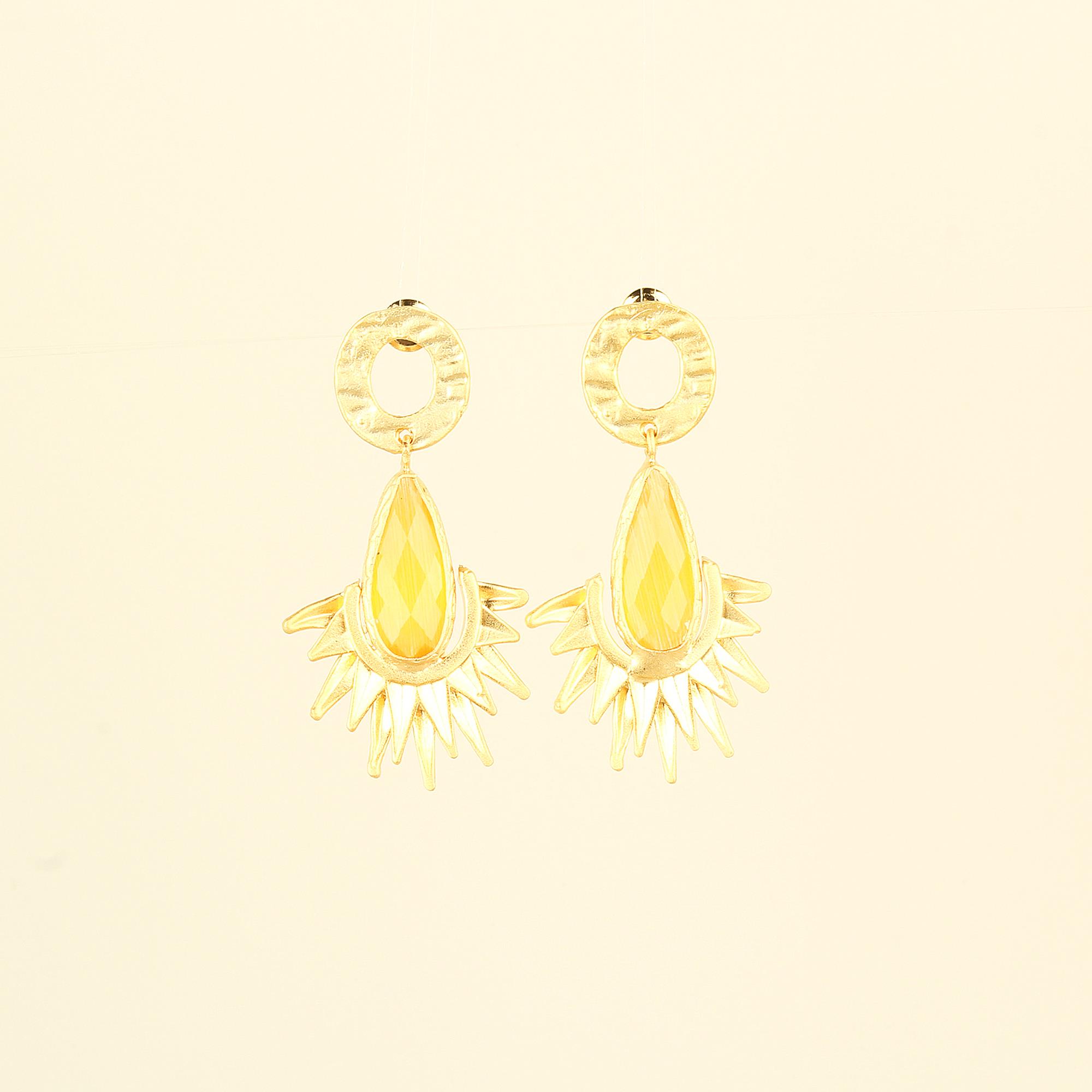 Yellow Cat Eye Stone Sunray Earrings
