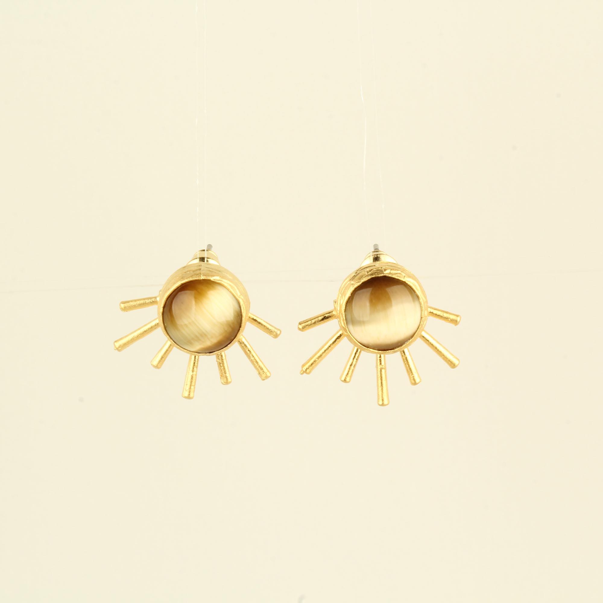 Yellow Cats Eye Stone Sun Ray Round Stud Earrings