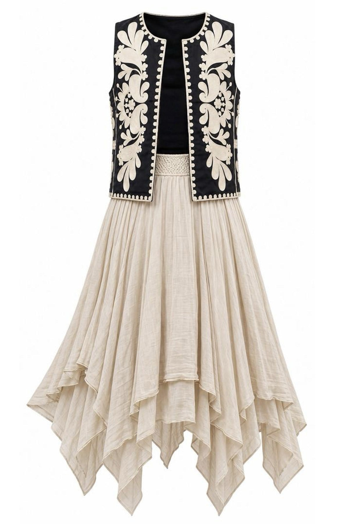 Boho Chic Siyah Nakışlı Yelek