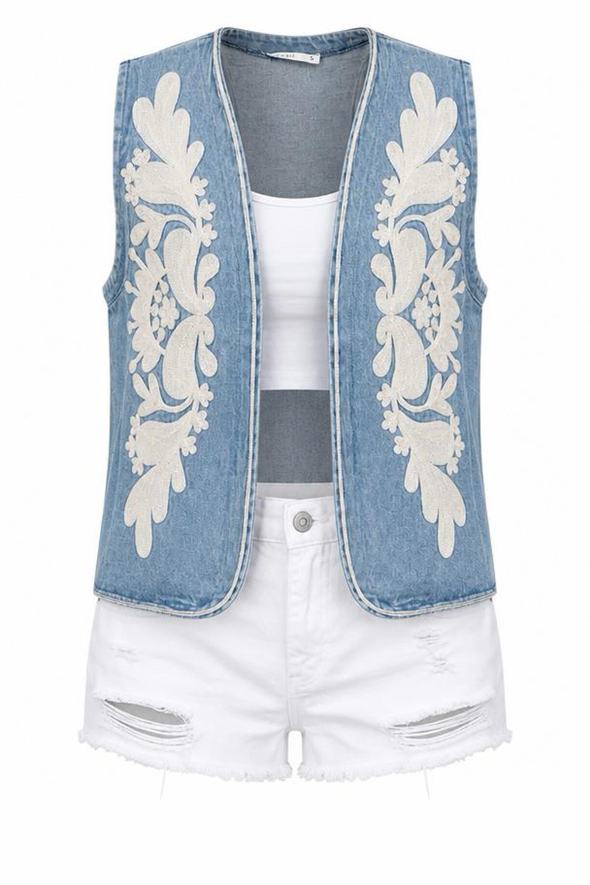 Alaçatı Kordon Nakışlı Açık Mavi Denim Yelek