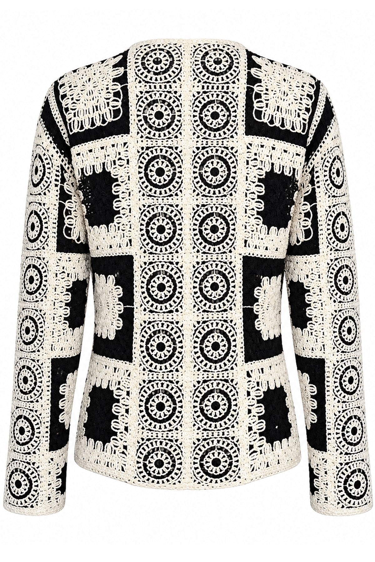 Premium Tasarım Siyah Krem El İşi Görünümlü Patchwork Kroşe Hırka