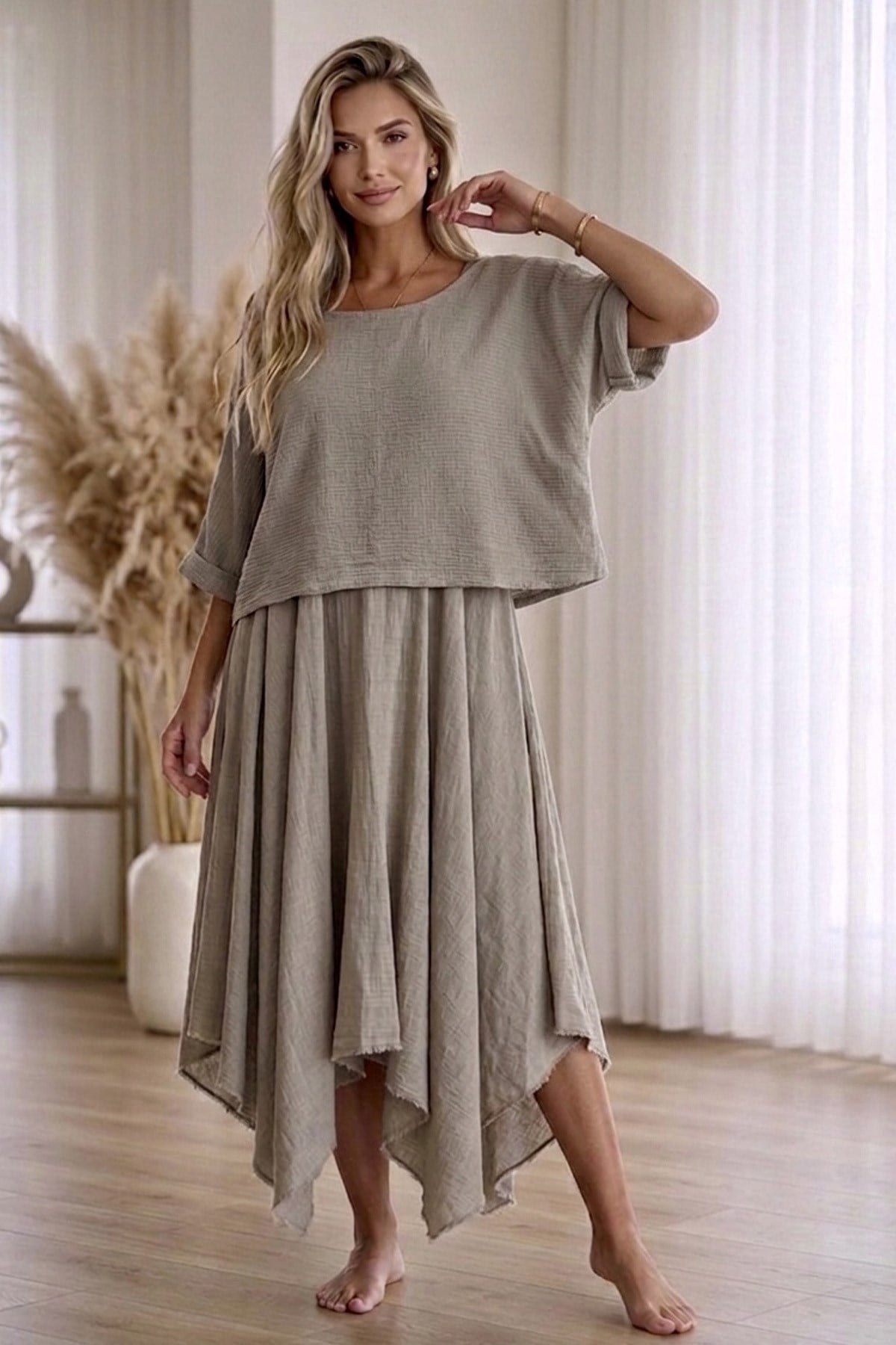 Bodrum Stil %100 Pamuk İtalyan Salaş Elbise – Oversize Katlı Rahat Yazlık Elbise