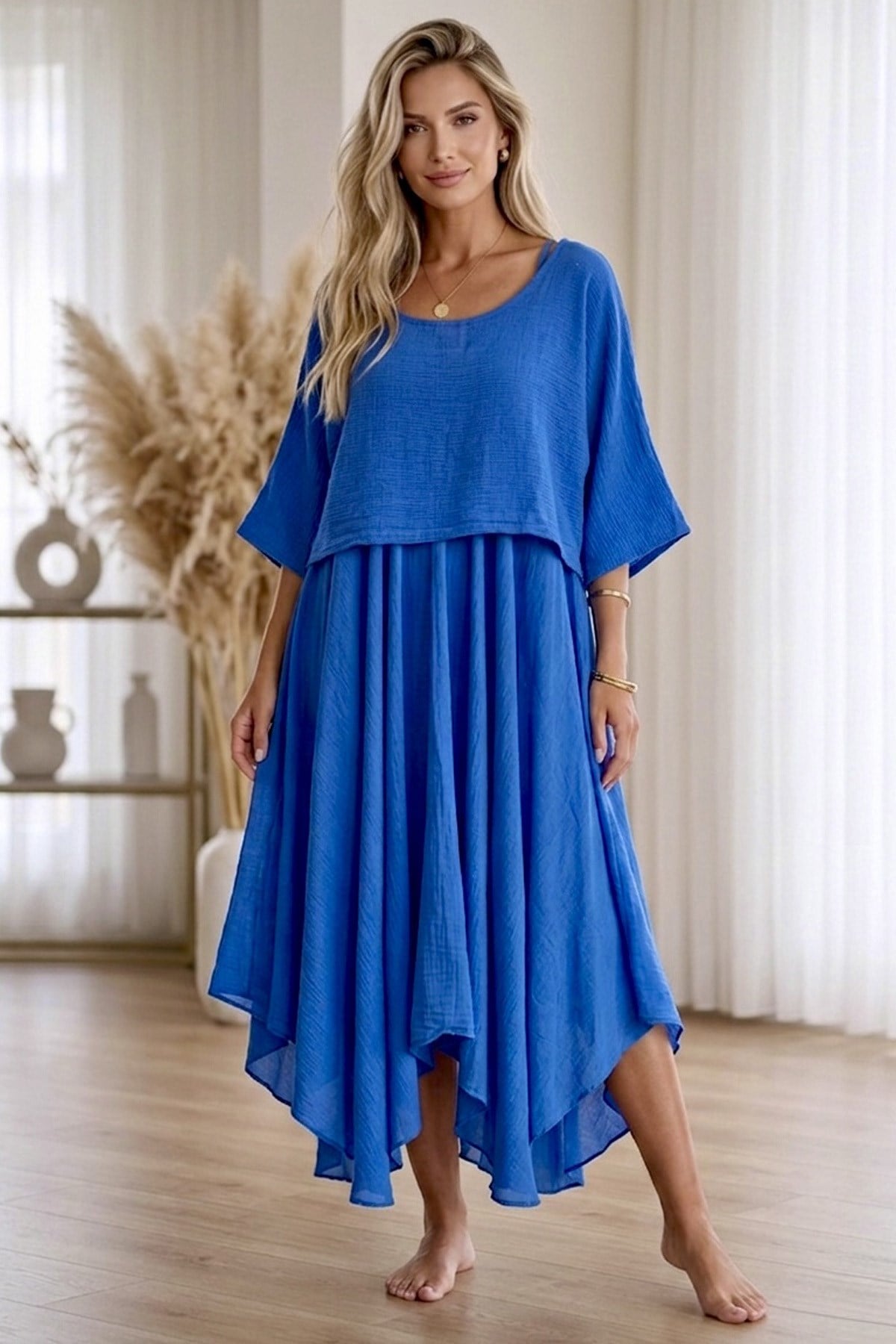 Bodrum Stil %100 Pamuk İtalyan Salaş Elbise – Oversize Katlı Rahat Yazlık Elbise