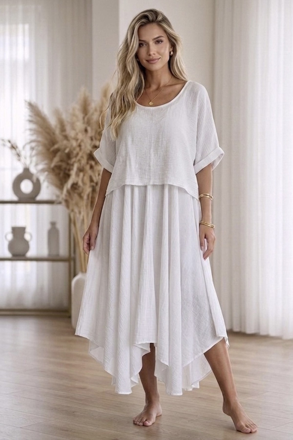 Bodrum Stil %100 Pamuk İtalyan Salaş Elbise – Oversize Katlı Rahat Yazlık Elbise