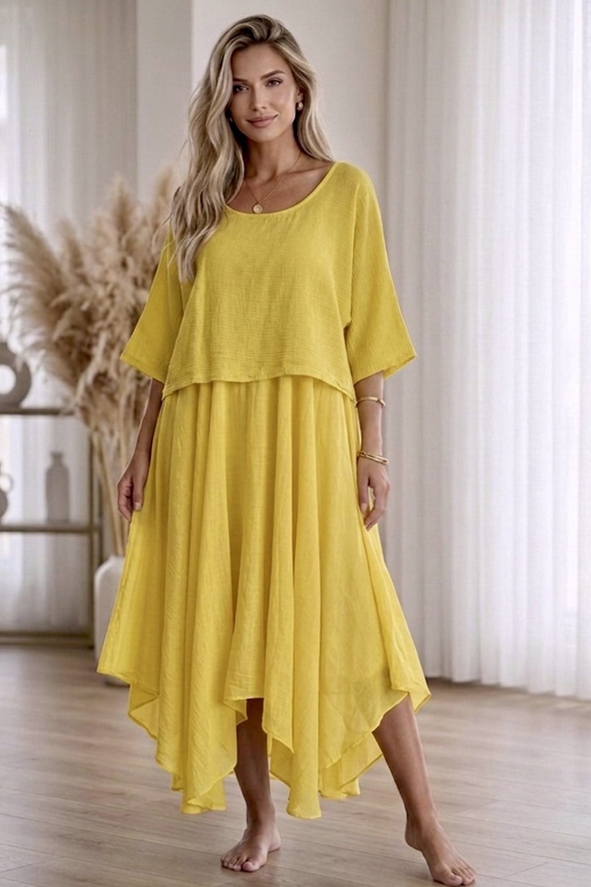 Bodrum Stil %100 Pamuk İtalyan Salaş Elbise – Oversize Katlı Rahat Yazlık Elbise