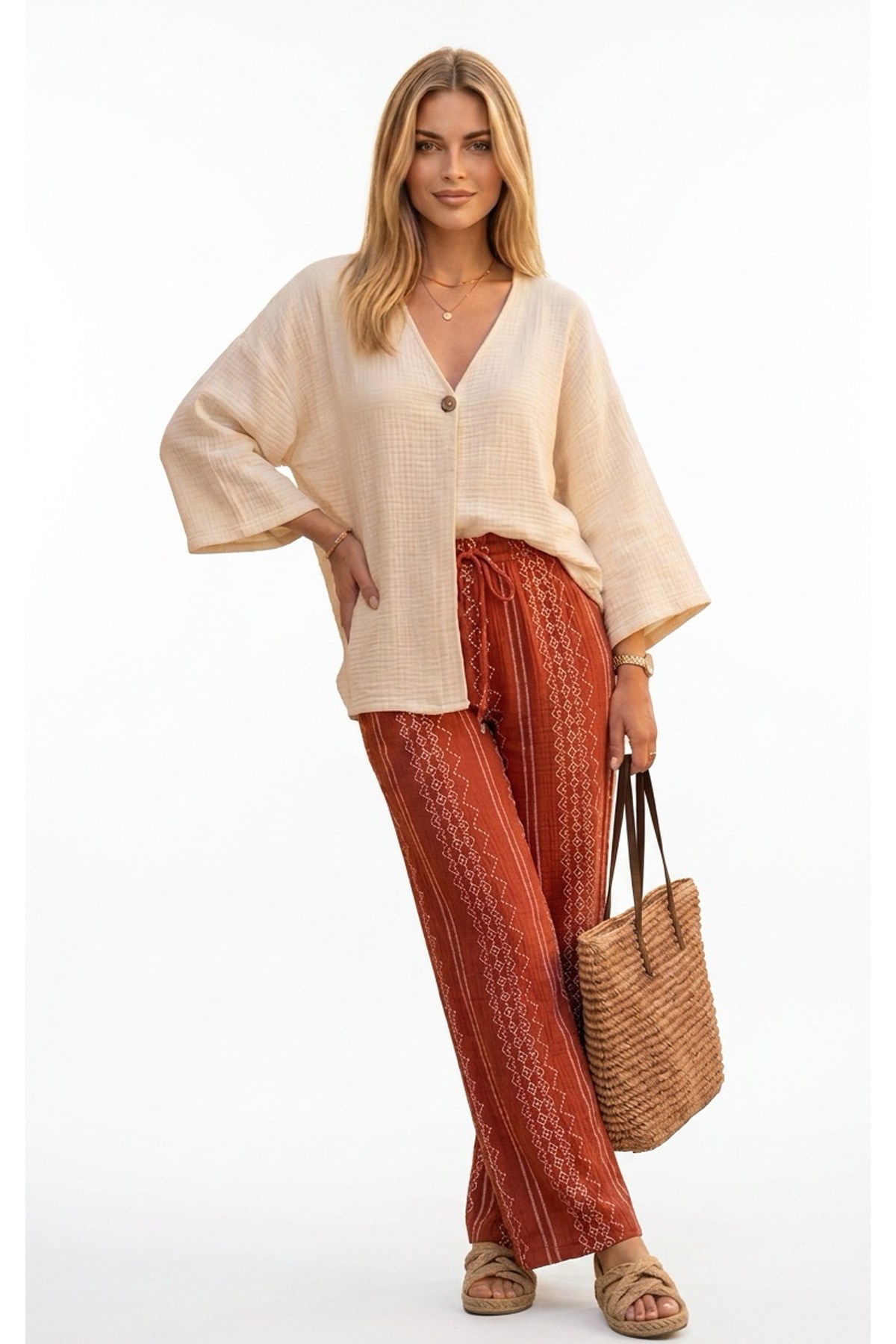 Kadın Müslin Kimono Pantolon Kombin %100 Pamuk