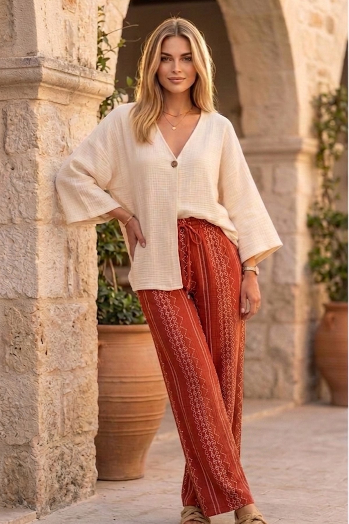 Kadın Müslin Kimono Pantolon Kombin %100 Pamuk
