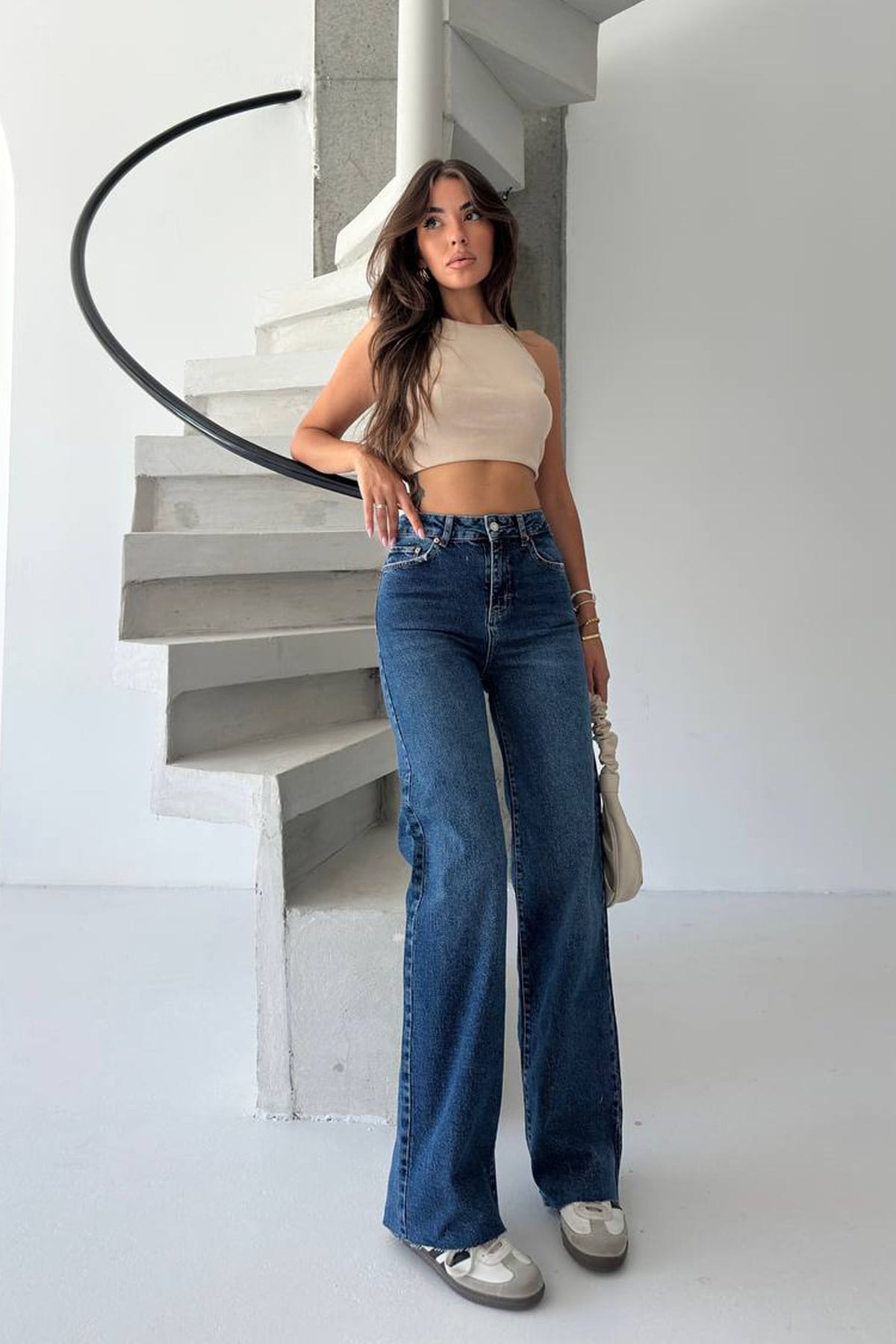 Kadın Yüksek Bel Likralı Wide Leg Jean