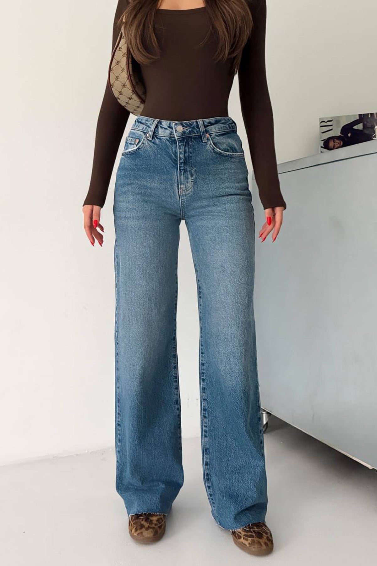 Kadın Yüksek Bel Likralı Wide Leg Jean