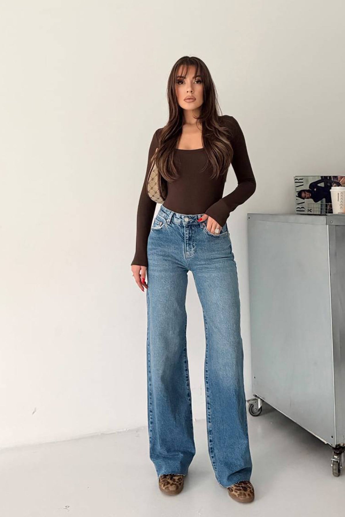 Kadın Yüksek Bel Likralı Wide Leg Jean