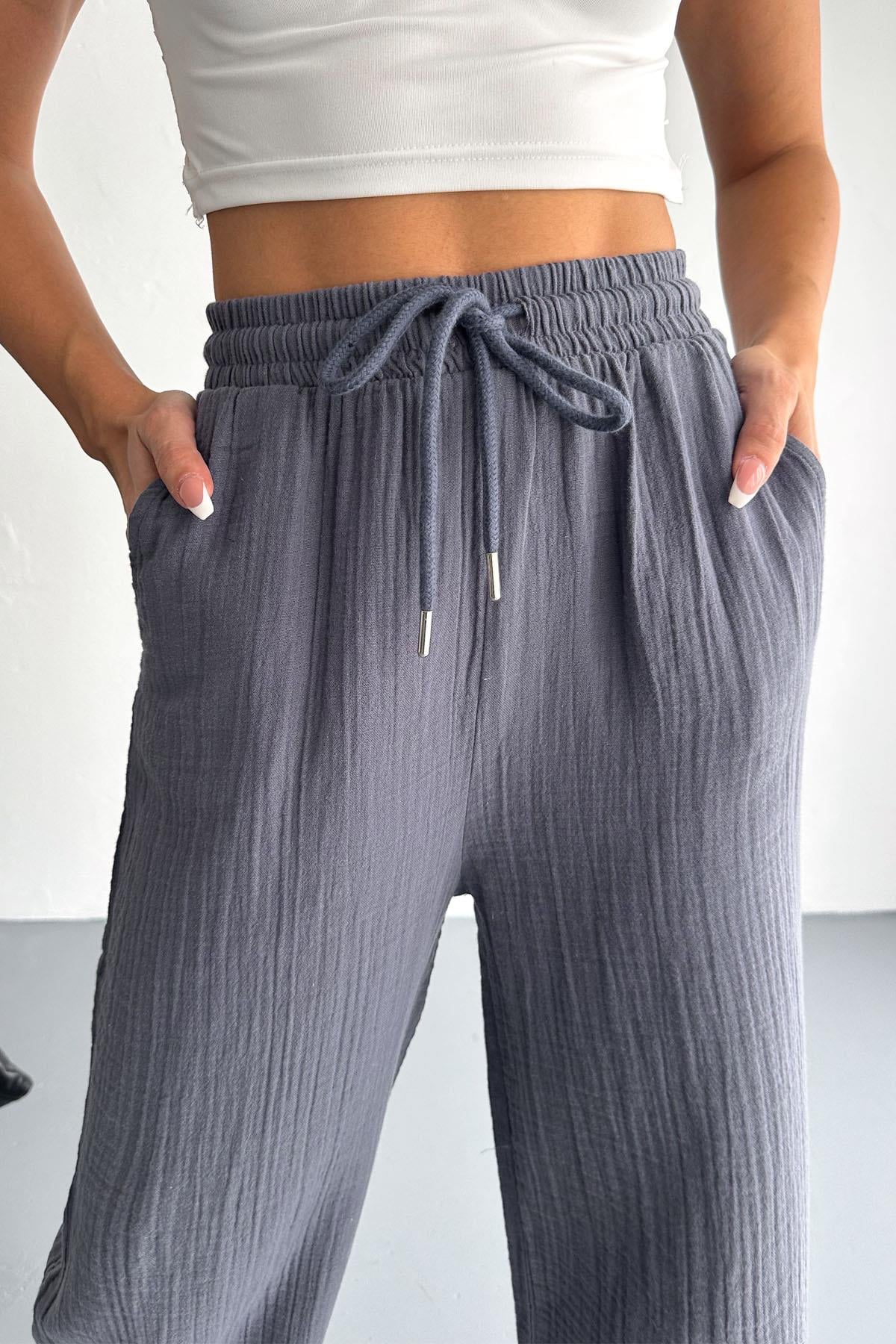 Pamuklu Müslin Kumaş Paça Püskül Bol Paça Pantolon