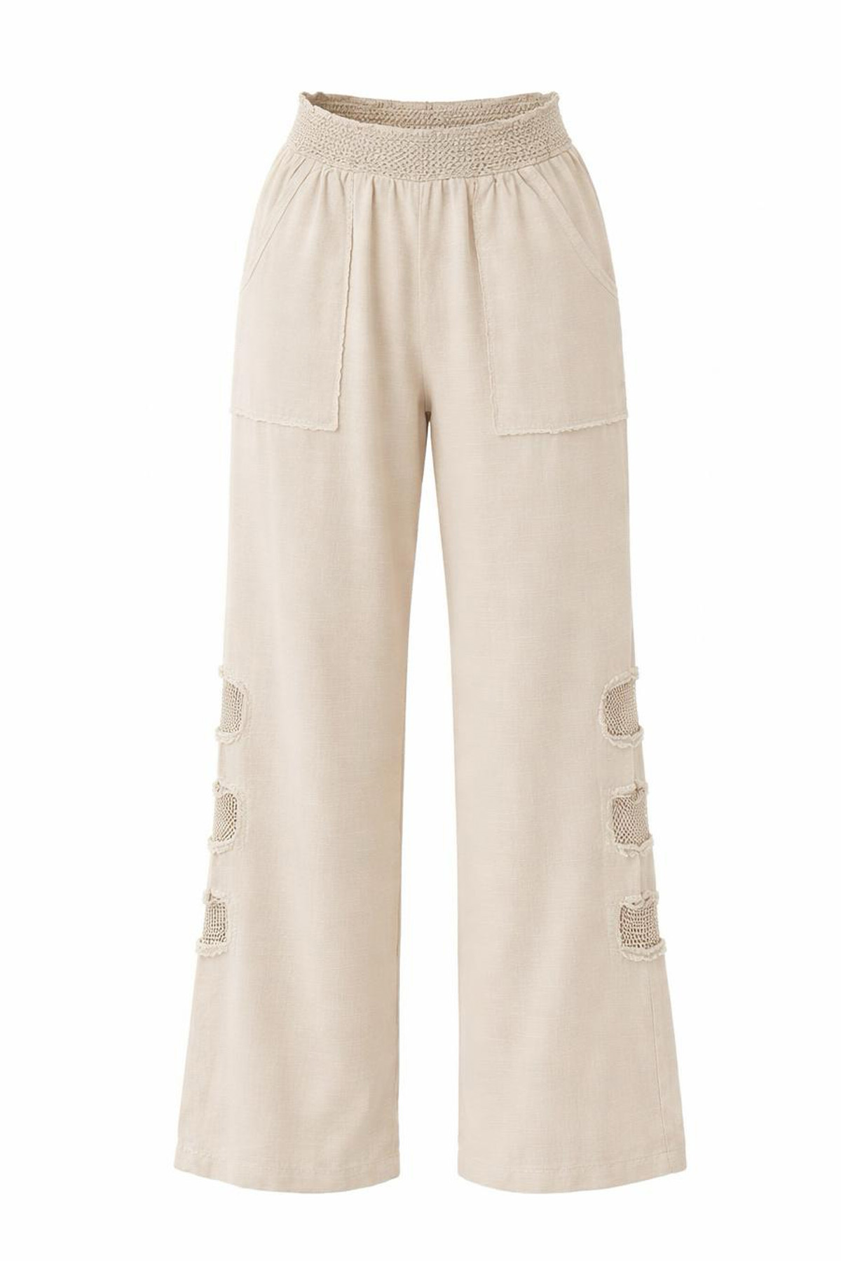 Mesh Grid Linen File Detay Bol Paça Keten Pantolon
