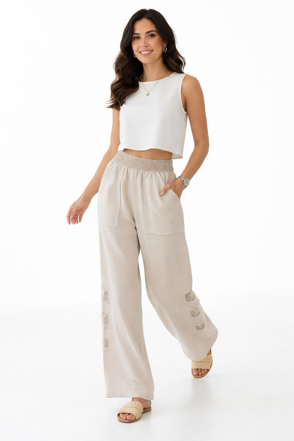 Mesh Grid Linen File Detay Bol Paça Keten Pantolon