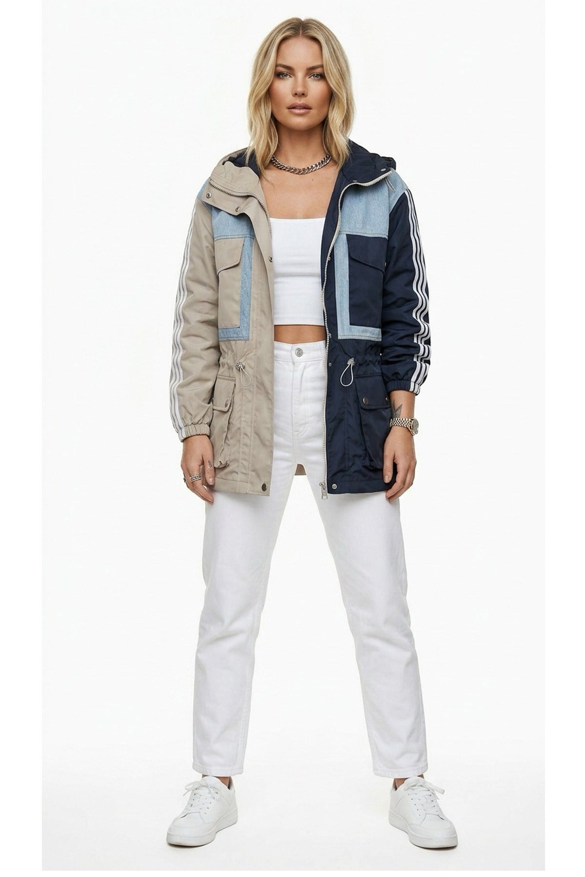 Monaco Denim Detaylı Kapüşonlu Trenç Ceket