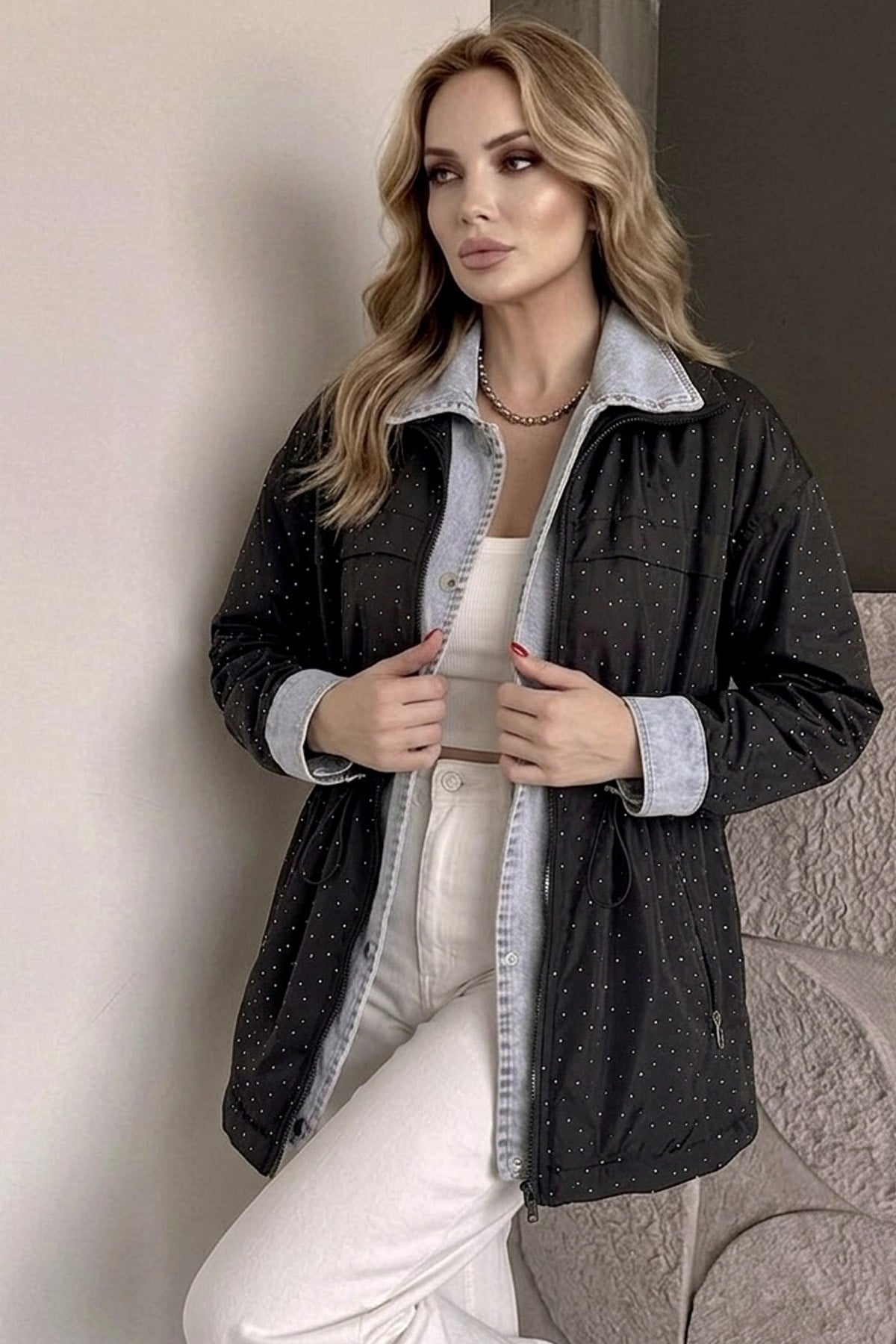 Taş Detaylı Kadın Ceket Oversize Bel Ayarlı Denim Görünümlü Premium Trenç Mont