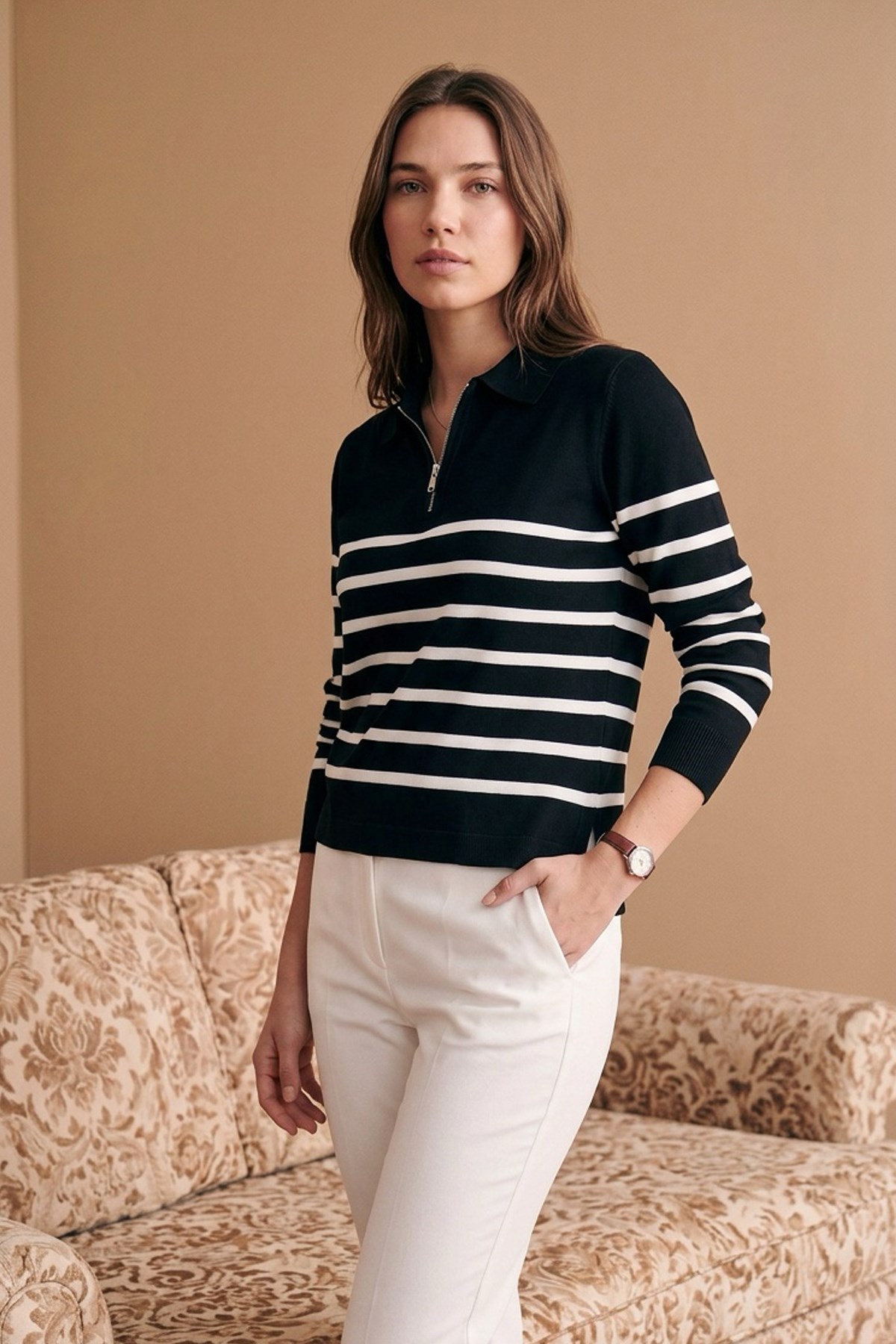 Kadın Marin Çizgili Yarım Fermuarlı Merserize Kazak - Siyah