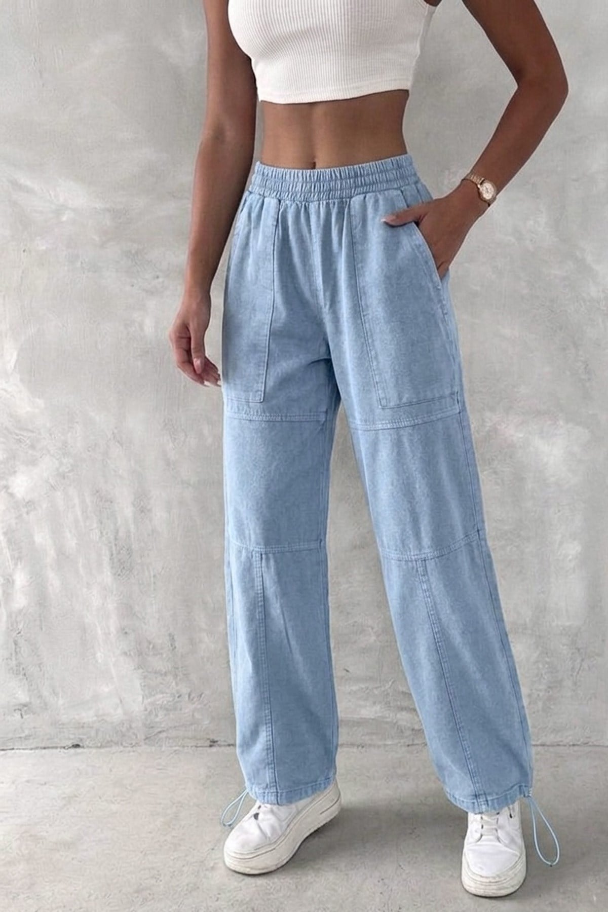 Kadın Oversize Baggy Pantolon – Vintage Yıkamalı Beli Lastikli Salaş Fit