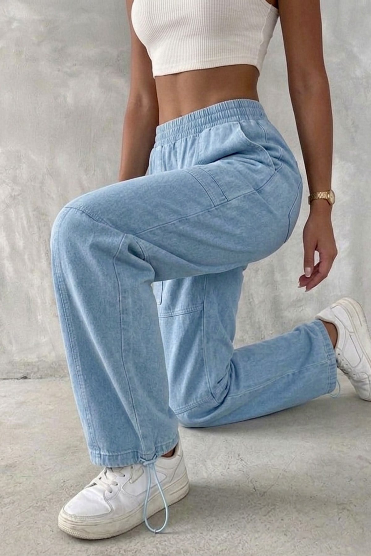 Kadın Oversize Baggy Pantolon – Vintage Yıkamalı Beli Lastikli Salaş Fit