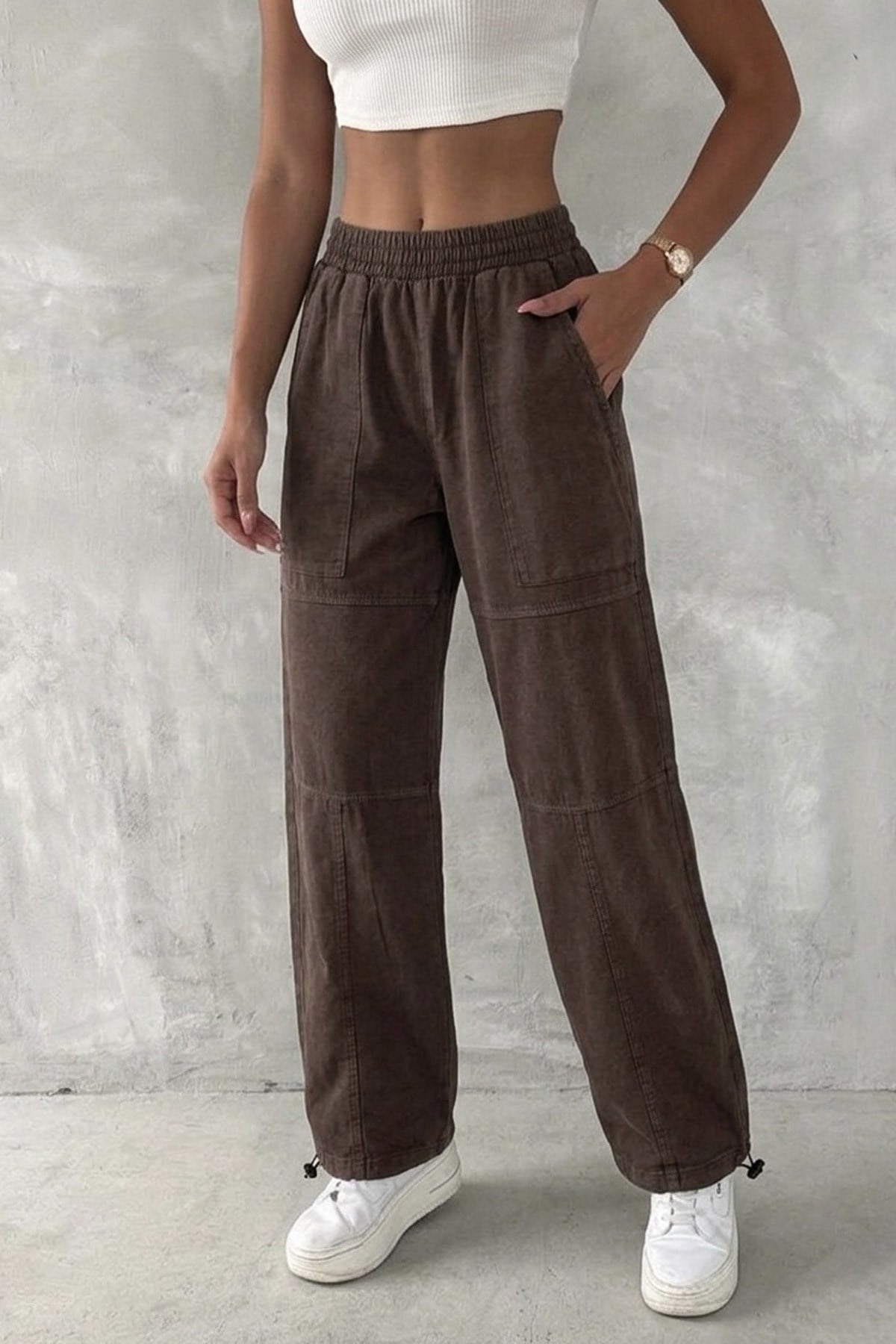 Kadın Oversize Baggy Pantolon – Vintage Yıkamalı Beli Lastikli Salaş Fit