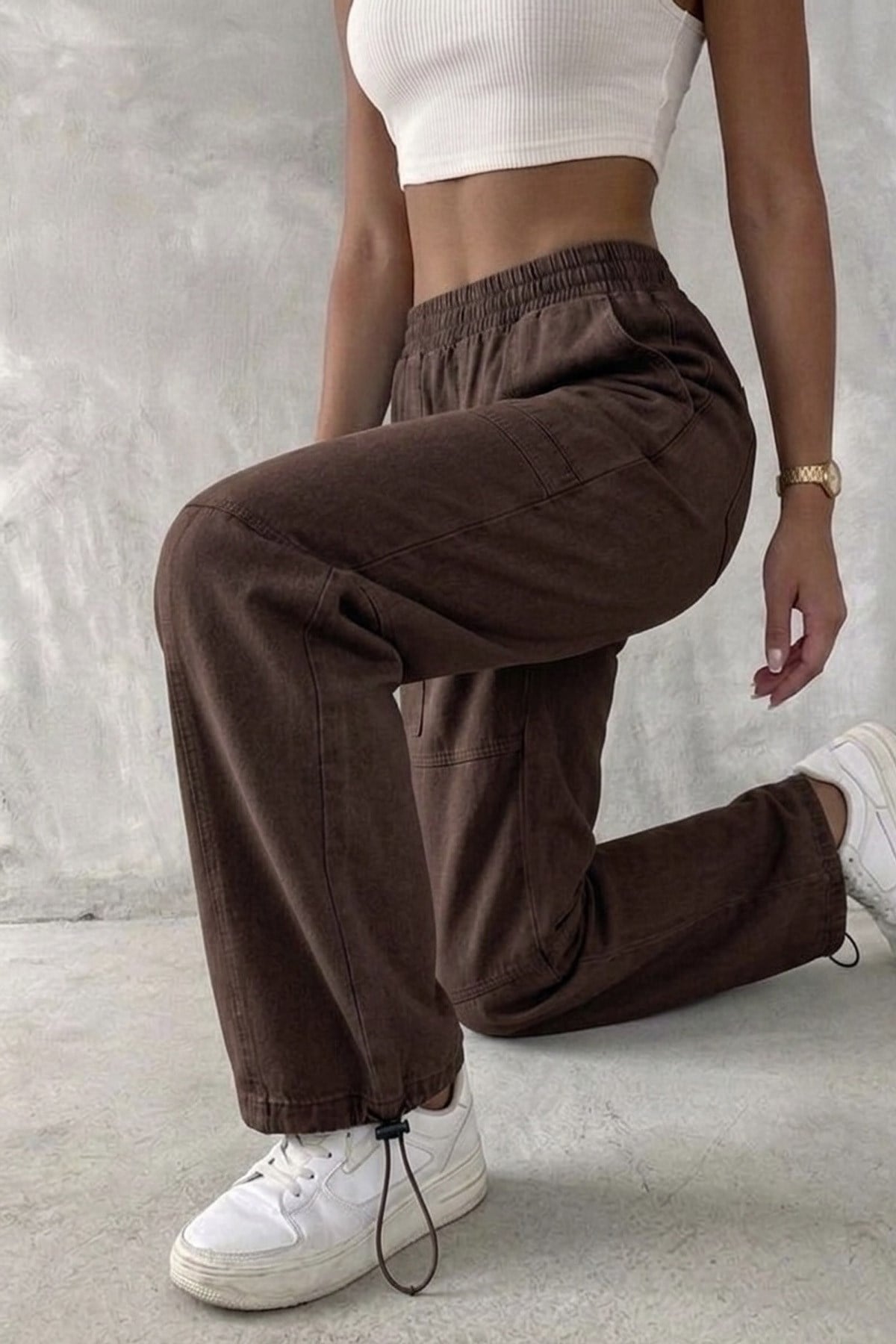 Kadın Oversize Baggy Pantolon – Vintage Yıkamalı Beli Lastikli Salaş Fit