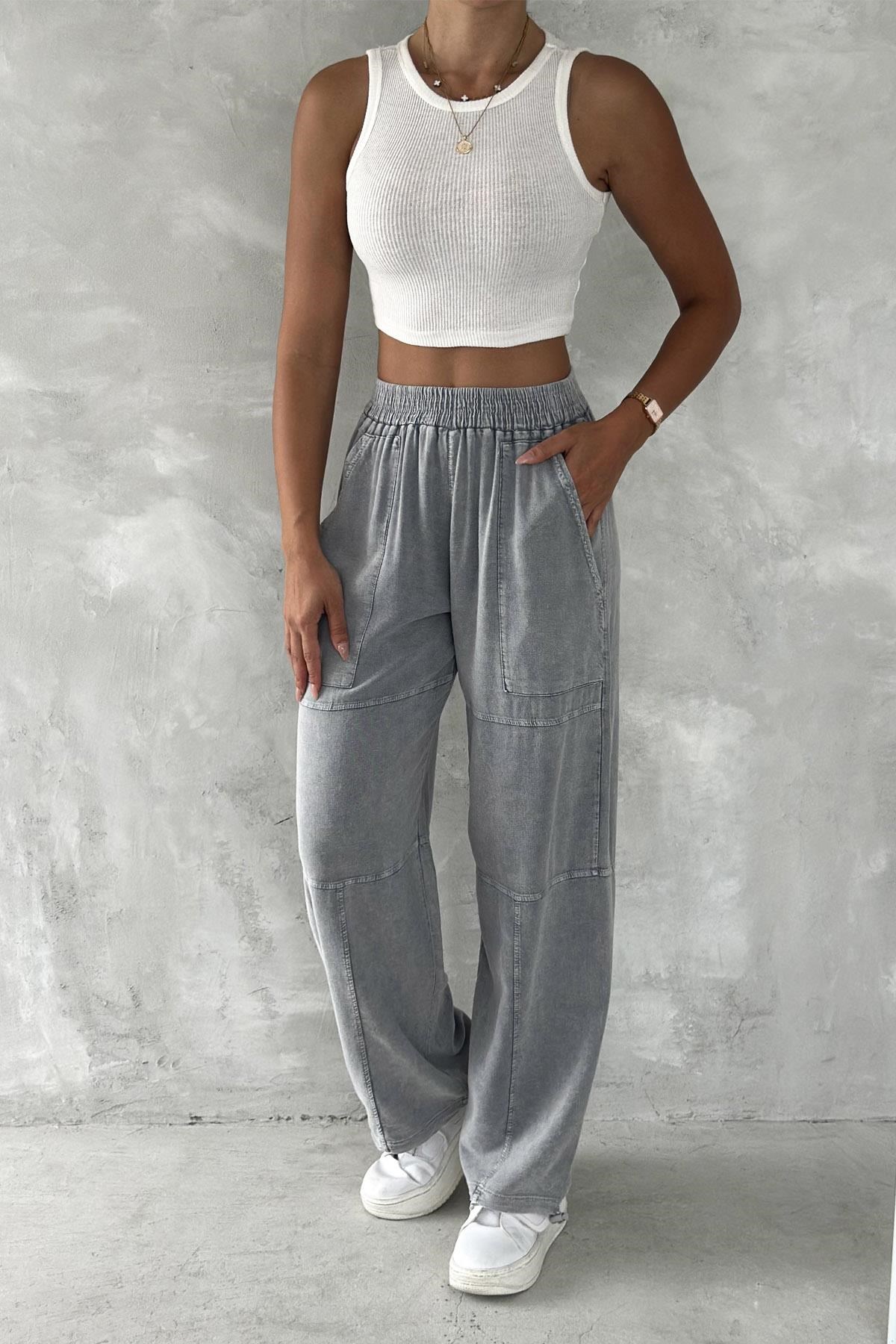 Kadın Oversize Baggy Pantolon – Vintage Yıkamalı Beli Lastikli Salaş Fit