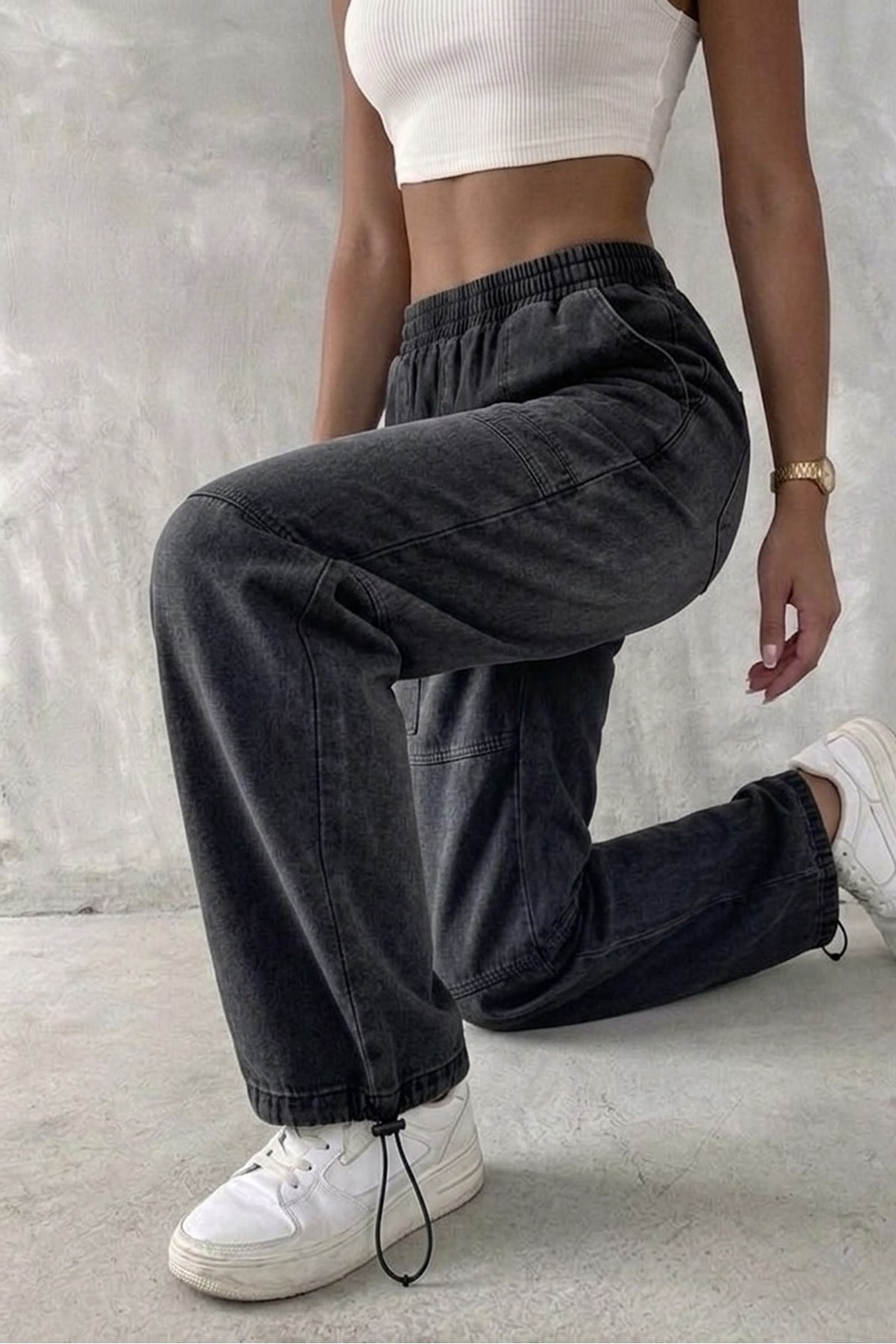 Kadın Oversize Baggy Pantolon – Vintage Yıkamalı Beli Lastikli Salaş Fit