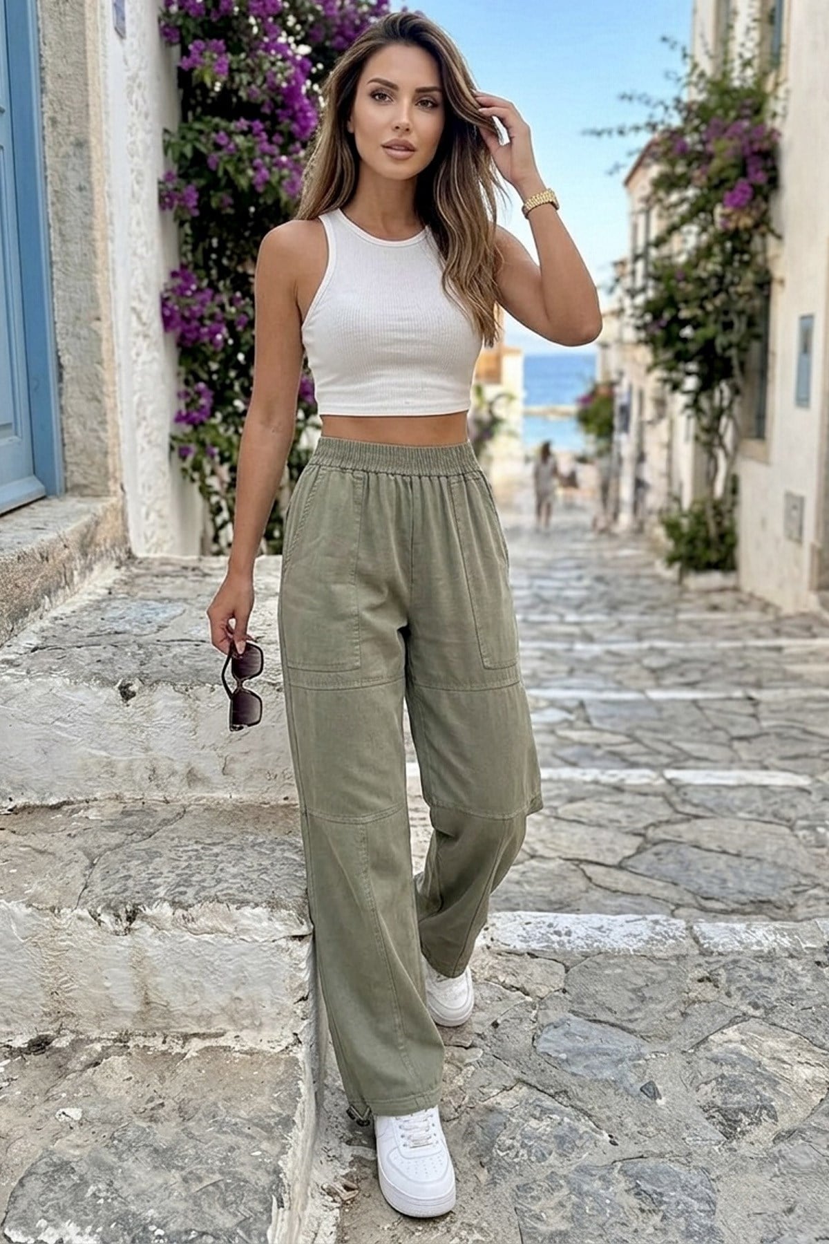 Kadın Oversize Baggy Pantolon – Vintage Yıkamalı Beli Lastikli Salaş Fit