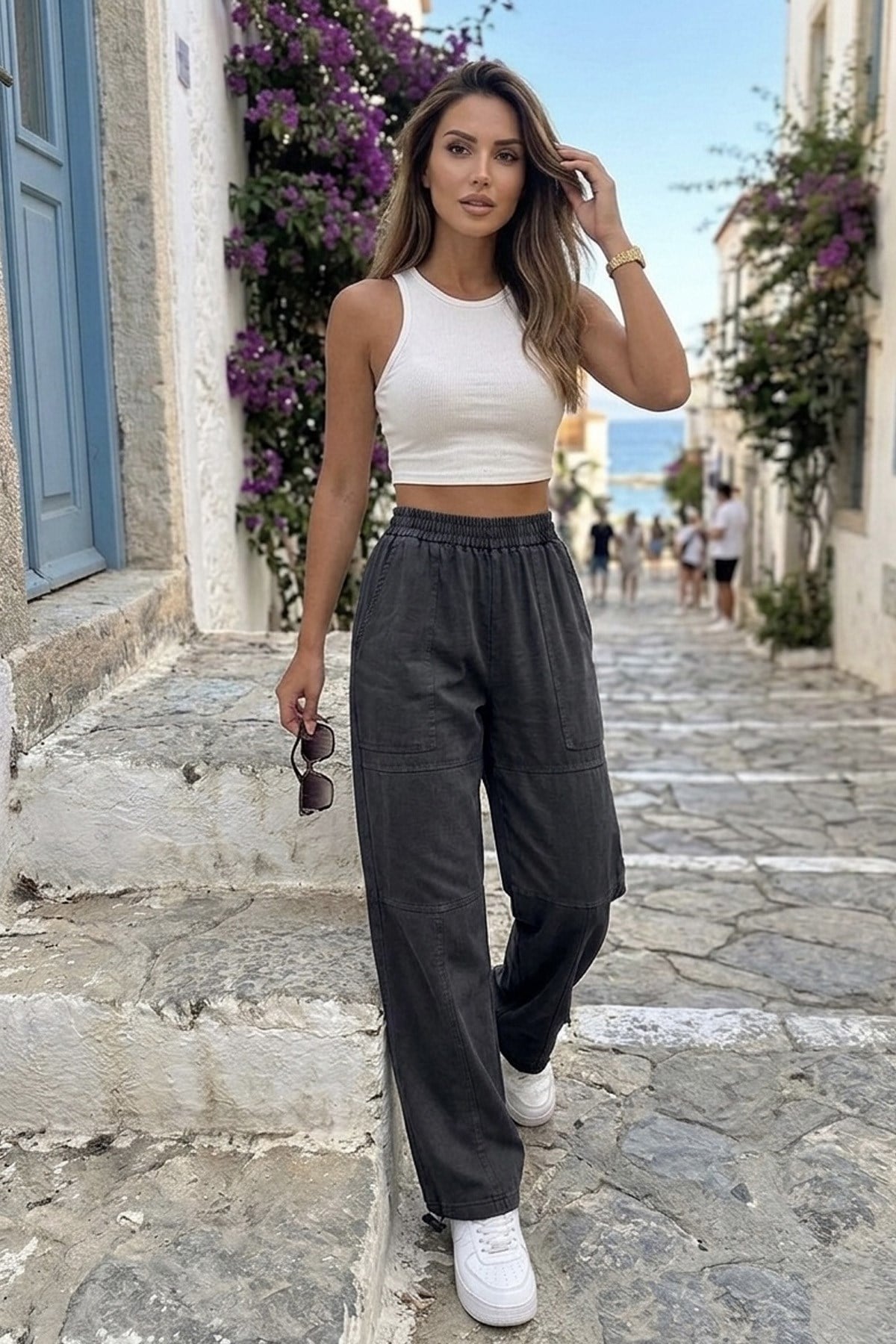 Kadın Oversize Baggy Pantolon – Vintage Yıkamalı Beli Lastikli Salaş Fit