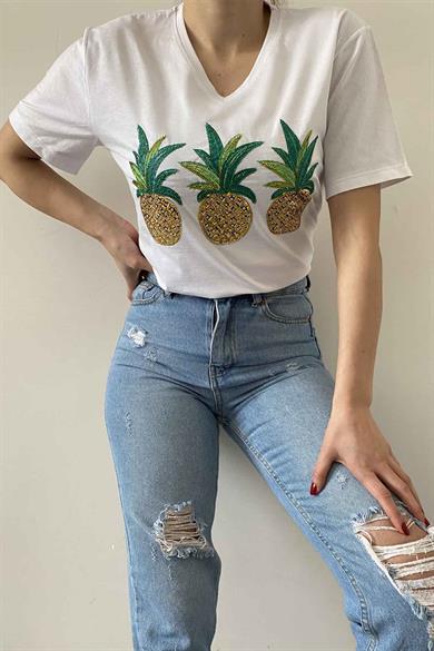 Ananas Desen V Yaka Büyük Beden Tasarım Tişört