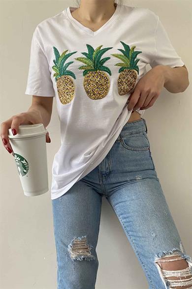 Ananas Desen V Yaka Büyük Beden Tasarım Tişört