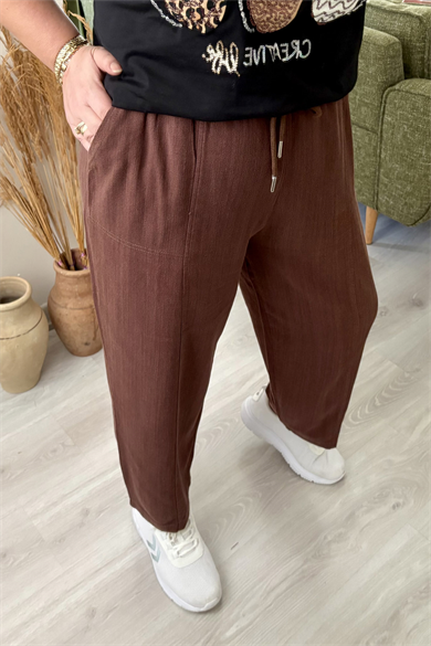 Bağcıklı Rahat Kesim Havuç Paça Keten Pantolon