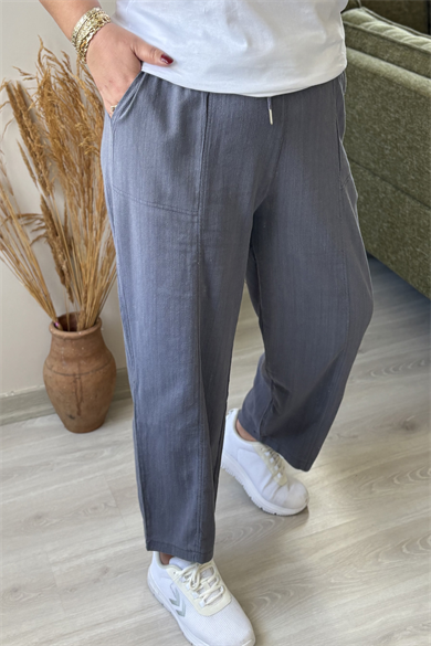 Bağcıklı Rahat Kesim Havuç Paça Keten Pantolon