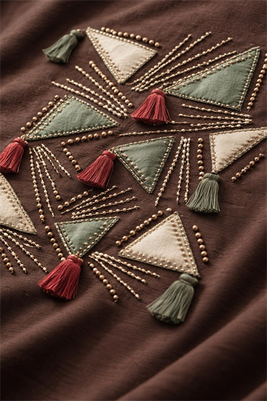 Bisiklet Yaka Boho Luxe Taşlı Püsküllü Pamuklu Büyük Beden Tişört