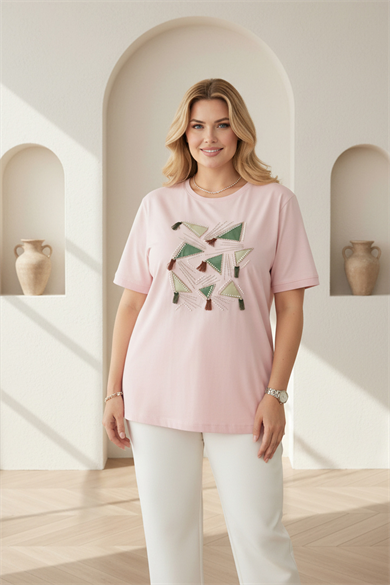 Bisiklet Yaka Boho Luxe Taşlı Püsküllü Pamuklu Büyük Beden Tişört
