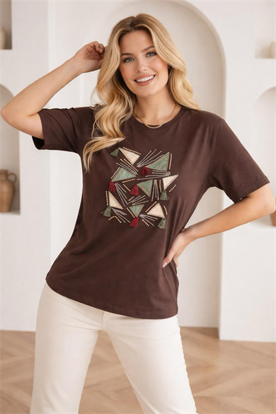 Bisiklet Yaka Boho Luxe Taşlı Püsküllü Pamuklu Büyük Beden Tişört