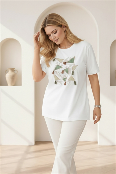 Bisiklet Yaka Boho Luxe Taşlı Püsküllü Pamuklu Büyük Beden Tişört