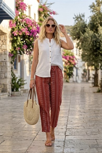 Kadın Bodrum Müslin Pantolon Gömlek Takım %100 Pamuk