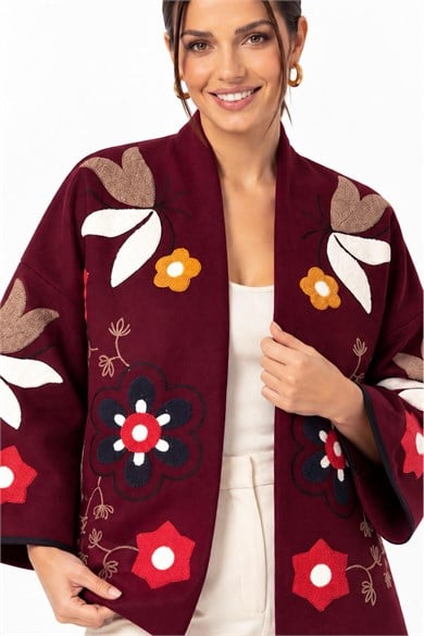 Bohem Çiçek Nakışlı Şal Yaka Önü Açık Oversize Tasarım Ceket - Bordo