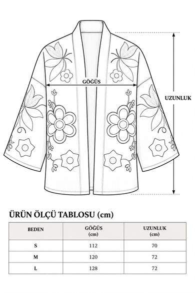Bohem Çiçek Nakışlı Şal Yaka Önü Açık Oversize Tasarım Ceket - Siyah