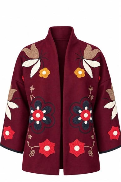 Bohem Çiçek Nakışlı Şal Yaka Önü Açık Oversize Tasarım Ceket - Bordo