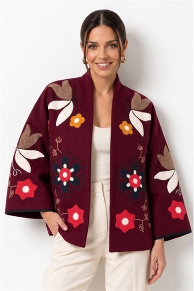 Bohem Çiçek Nakışlı Şal Yaka Önü Açık Oversize Tasarım Ceket - BordoBohem Çiçek Nakışlı Oversize Kaşe Ceket | İstangül ButikCeketİSTANGÜL BUTİK