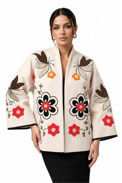 Bohem Çiçek Nakışlı Şal Yaka Önü Açık Oversize Tasarım Ceket - Vizon