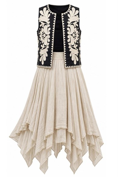 Boho Chic Siyah Nakışlı Yelek