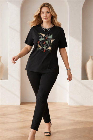 Bisiklet Yaka Boho Luxe Taşlı Püsküllü Pamuklu Büyük Beden Tişört