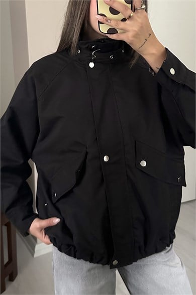 Kadın Ekose Detaylı Tokalı Dik Yaka Fermuarlı Oversize Parka Ceket - Siyah