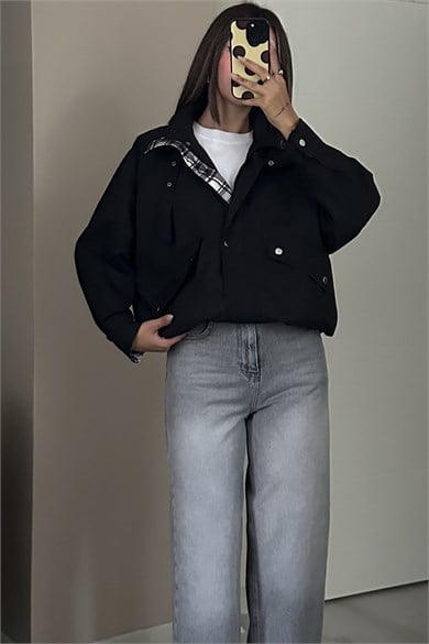 Kadın Ekose Detaylı Tokalı Dik Yaka Fermuarlı Oversize Parka Ceket - Siyah
