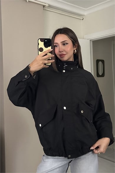 Kadın Ekose Detaylı Tokalı Dik Yaka Fermuarlı Oversize Parka Ceket - Siyah